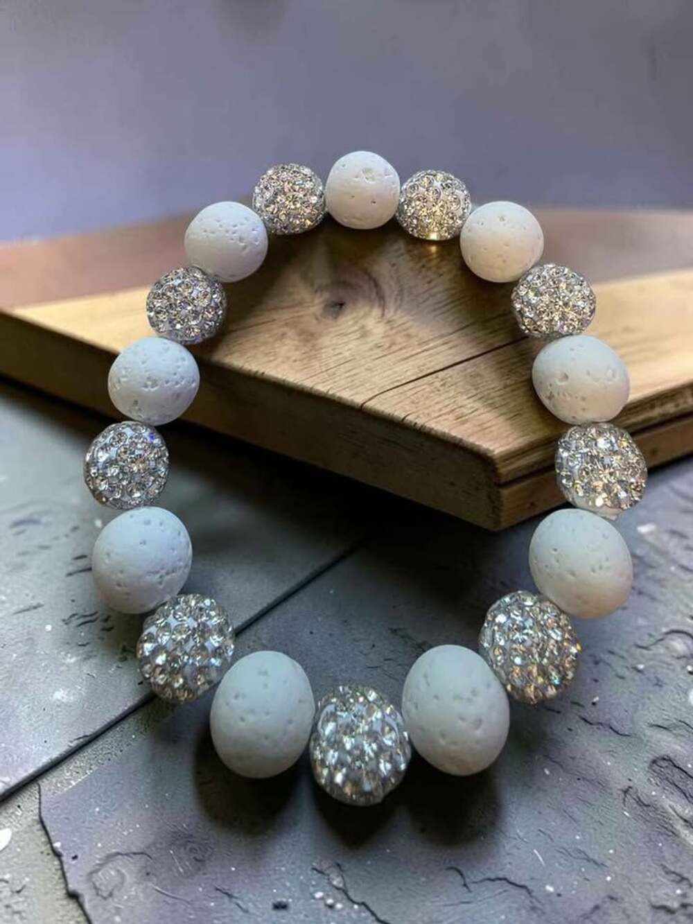 White Lava Stone and Rhinestone Beaded Bracelet